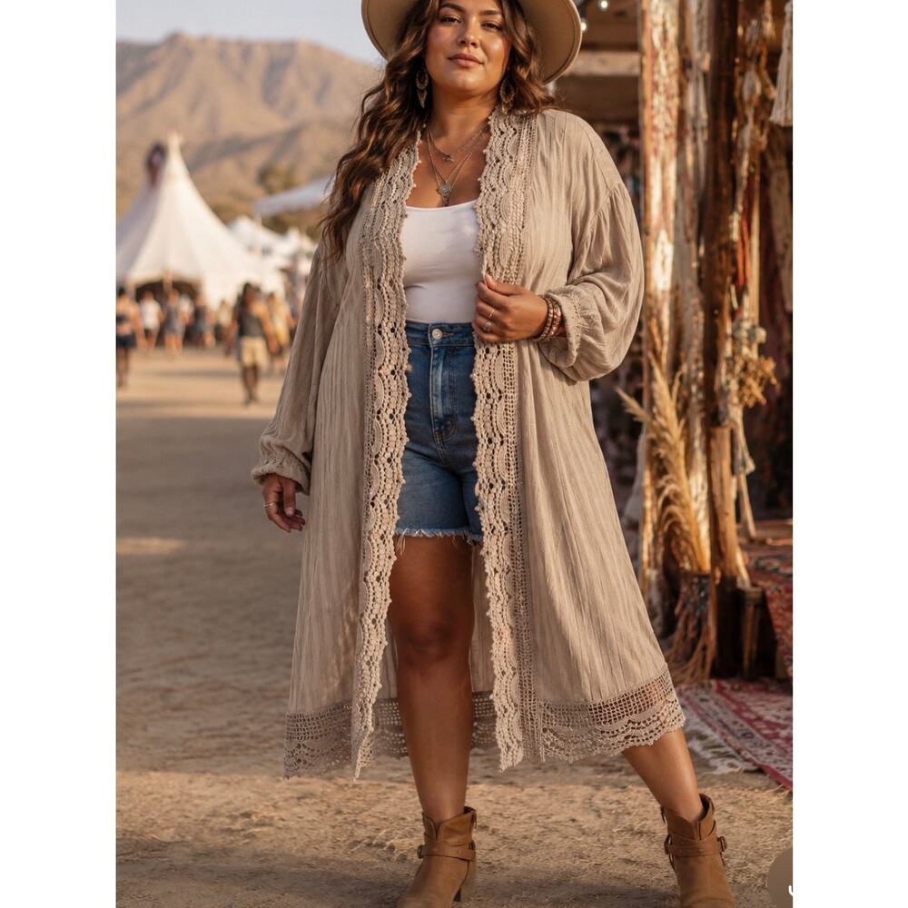Roaman’s Crochet Lace Open Front Cardigan Boho Duster 38/40 boho festival 5X